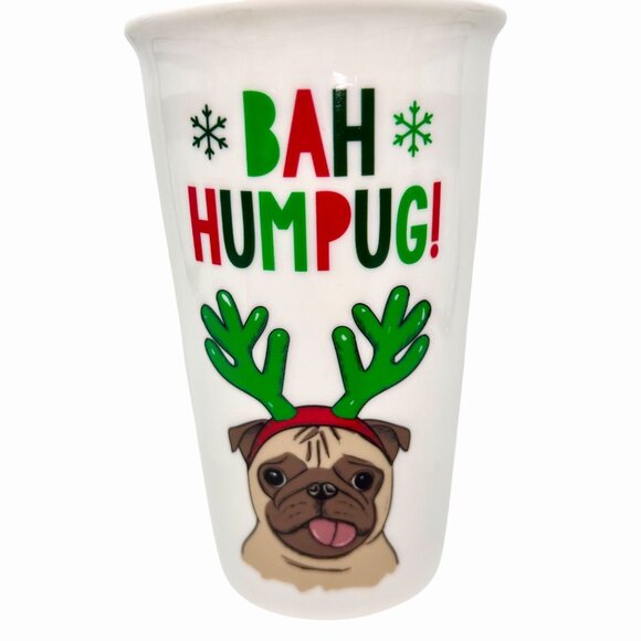 NWT FRANCESCA'S BAH HUMPUG DOG CHRISTMAS HOLIDAY CERAMIC TRAVEL MUG W/ GOLD LID - Picture 2 of 6